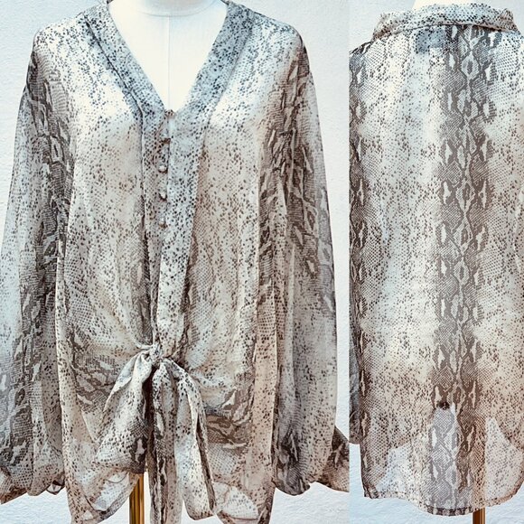 Mare Mare x Anthropologie Puff Sleeve Grey & White Python Print Sheer Blouse (L) - Picture 1 of 16